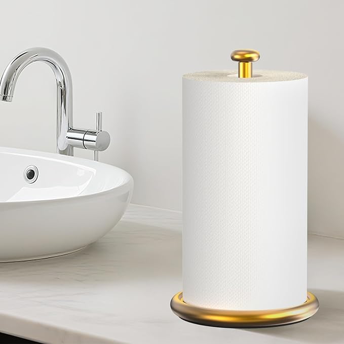 VEHHE Gold Paper Towel Holder Countertop with Weighted Base, One-Handed Tear Kitchen Towel Holder with Damping Function and EVA Non-Slip Pad for Bathroom - Image 9