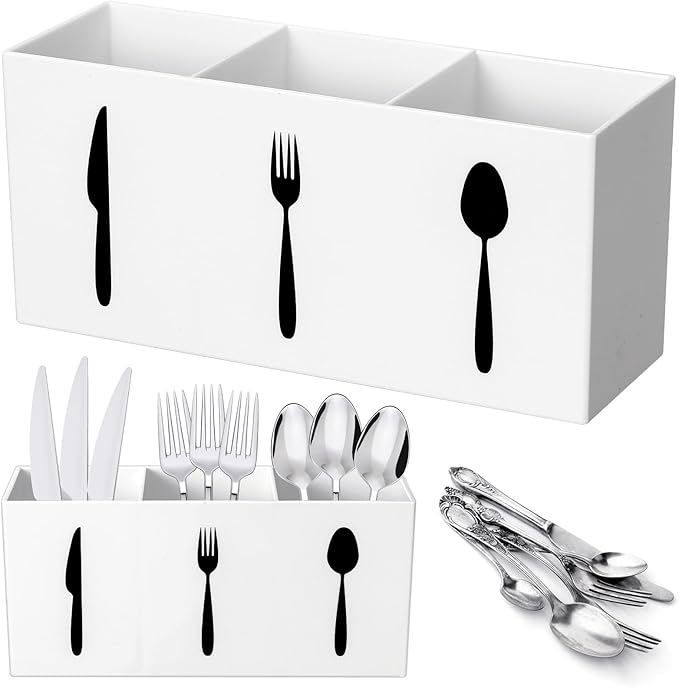 Suzile Acrylic Cutlery Storage Organizer Bin Silverware Caddy Countertop Knife Spoon and Fork Holder Kitchen 3 Section Tableware Storage Box for Cabinet Indoor Home Flatware Dining Room(White,L) by Suzile