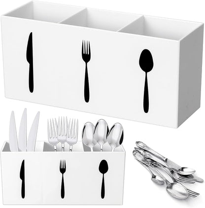 Suzile Acrylic Cutlery Storage Organizer Bin Silverware Caddy Countertop Knife Spoon and Fork Holder Kitchen 3 Section Tableware Storage Box for Cabinet Indoor Home Flatware Dining Room (White,M) by Suzile