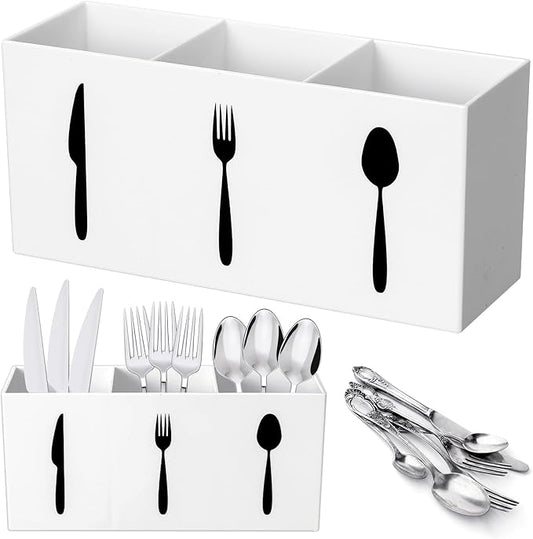 Suzile Acrylic Cutlery Storage Organizer Bin Silverware Caddy Countertop Knife Spoon and Fork Holder Kitchen 3 Section Tableware Storage Box for Cabinet Indoor Home Flatware Dining Room (White,M) by Suzile