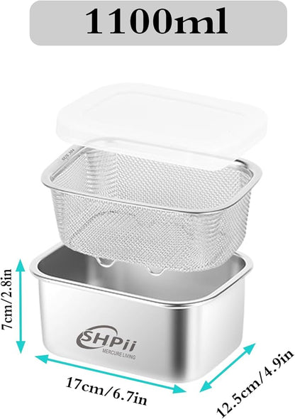 Square Colander Set,304 Stainless Steel with PE Lid,Storage Container,Prep,Tofu Drainer,Shellfish Drainer,Back of House Preparation,Refrigerator Storage,Picnic Party (1100ML)