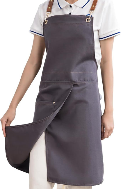 KITCHIEF Pottery Apron Split Leg,Cross Back Chef Apron with Pockets,Painting Apron with Adjustable Straps for Cooking,Baking,BBQ,Ceramic,Gardening(Gray)