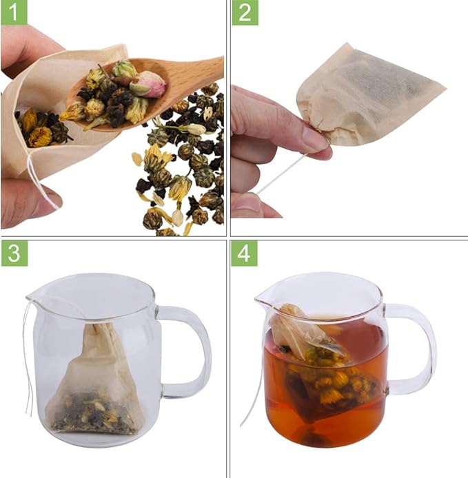 Aksuaple Eco-Fil Disposable Tea Filter Bags for Loose Tea, Wood Pulp Material, Biodegradable and Compostable, Unbleached Empty Tea Infuser Sachets with Drawstring, 100 Pack (3.2inch x 4.0inch) - Image 6