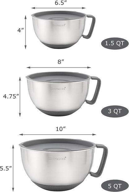 Rorence Mixing Bowls Set: Stainless Steel Non-Slip Bowls with Pour Spout, Handle and Lid - Set of 3 - Gray - Image 2