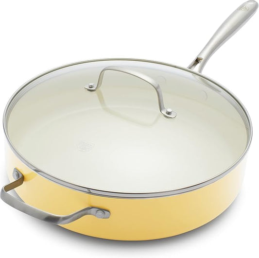GreenLife Artisan Healthy Ceramic Nonstick, 5QT Saute Pan Jumbo Cooker with Helper Handle and Lid, Stainless Steel Handle, Induction, PFAS-Free, Dishwasher Safe, Oven Safe, Yellow