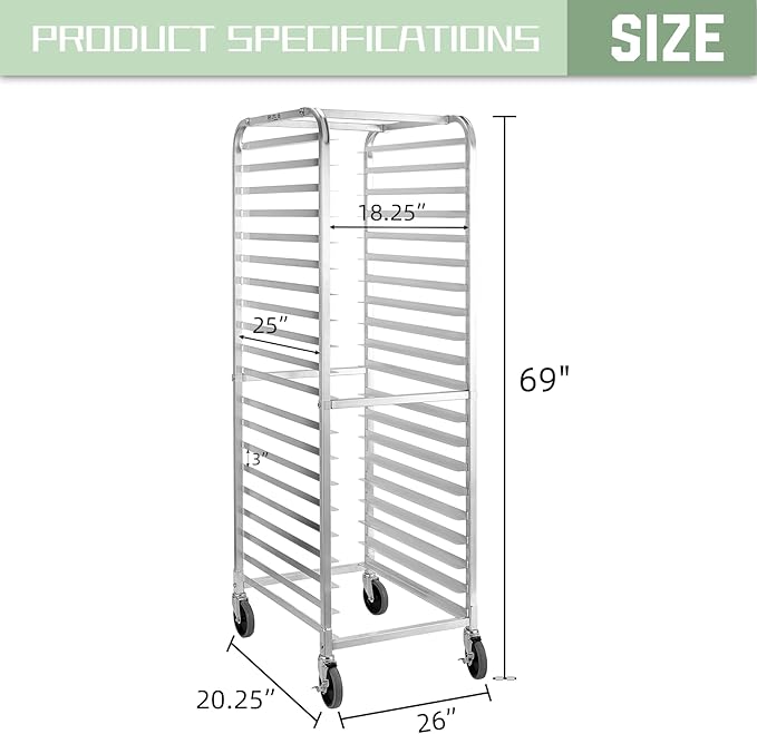 HALLY SINKS & TABLES H Bun Pan Rack 20 Tier with Wheels, Commercial Bakery Racking of Aluminum for Full & Half Sheet - Kitchen, Restaurant, Cafeteria, Pizzeria, Hotel and Home, 26" L x 20" W x 69" H - Image 2