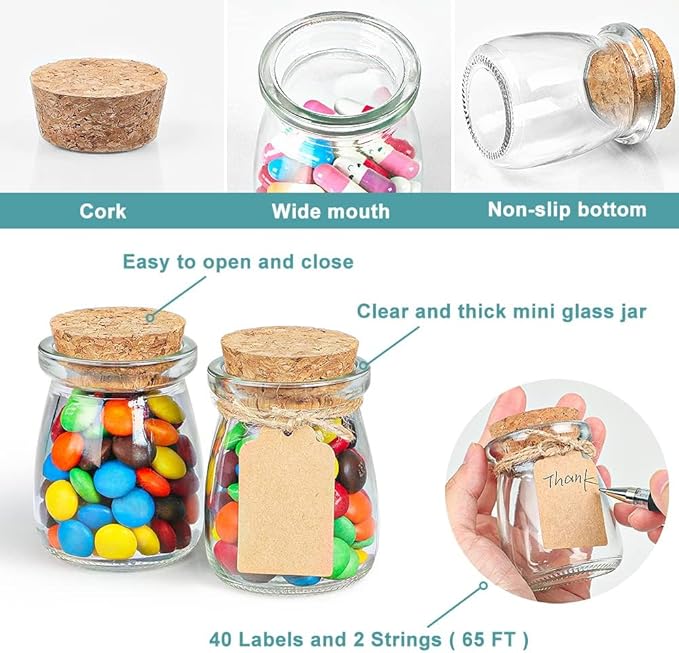 Ritayedet 40 Pack Glass Favor Jars with Cork Lid, 3.4 oz Small Glass Bottles for Wedding Favor, Baby Shower, Party Favor, Gift Jars for Candy, Bonus Twine and Labels - Image 5