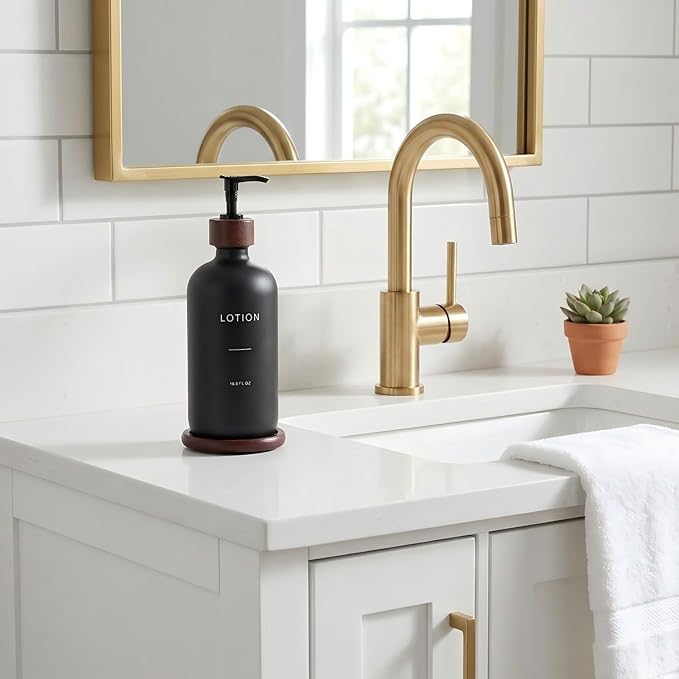 Soap Dispenser Bathroom, Refillable Lotion Dispenser with Tray, Glass Lotion Bottle with Pump, Suitable for Bathroom Countertop Soap Dispensers, Modern Home Decor. (Black)
