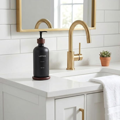 Soap Dispenser Bathroom, Refillable Lotion Dispenser with Tray, Glass Lotion Bottle with Pump, Suitable for Bathroom Countertop Soap Dispensers, Modern Home Decor. (Black)