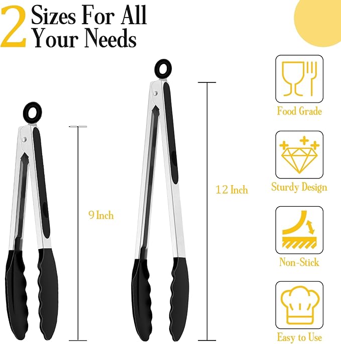 TeamFar Kitchen Tongs, 9" and 12" Stainless Steel Cooking Tongs with Silicone Tips for Cooking Grilling Serving & BBQ, Heat Resistant Silicone Tongs, Locking Design & Dishwasher Safe, Set of 2 & Black - Image 2
