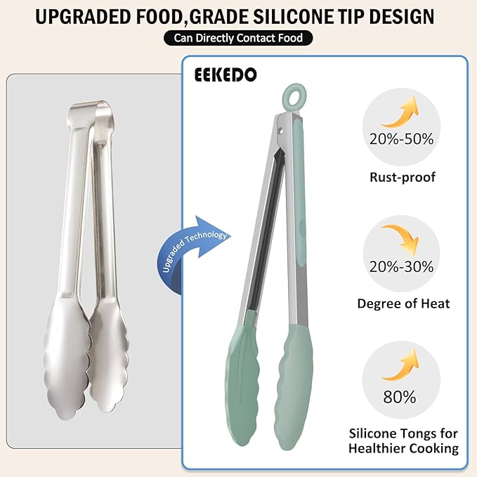 Tongs for Cooking, 600ºF High Heat-Resistant Stainless Steel Kitchen Tongs with Silicone Tips, Non Scratch, Locking Tong for BBQ Grilling Air Fryer Food Salads, Set of 2 (9" and 12") Sage Green - Image 9