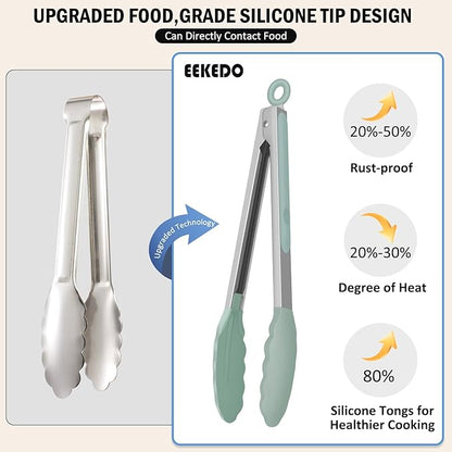 Tongs for Cooking, 600ºF High Heat-Resistant Stainless Steel Kitchen Tongs with Silicone Tips, Non Scratch, Locking Tong for BBQ Grilling Air Fryer Food Salads, Set of 2 (9" and 12") Sage Green - Image 9