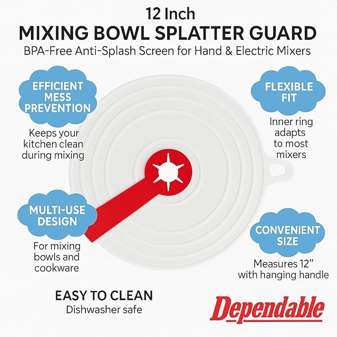 12 Inch Mixing Bowl Splatter Guard – BPA-Free Anti-Splash Screen for Hand & Electric Mixers – Flexible Fit, Transparent Silicone & PP, Dishwasher Safe by Dependable Industries