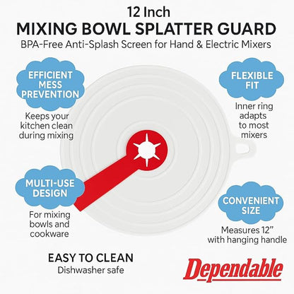 12 Inch Mixing Bowl Splatter Guard – BPA-Free Anti-Splash Screen for Hand & Electric Mixers – Flexible Fit, Transparent Silicone & PP, Dishwasher Safe by Dependable Industries
