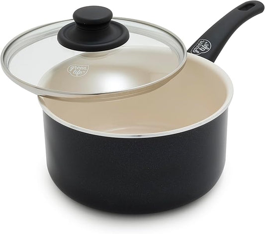 GreenLife 2.5QT Nonstick Saucepan with Glass Lid, Soft Grip, PFAS-Free Ceramic, Multipurpose Chef Pan, Milk & Sauce Cooking Pot, Dishwasher & Oven Safe to 350˚F, Stay-Cool Handle, Black by GreenLife