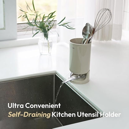 carrotez Utensil Drying Holder for Kitchen Counter, Self Draining, Small Utensil Cutlery Flatware Silverware Holder Drainer Cup, Beige, 1 ea - Image 2