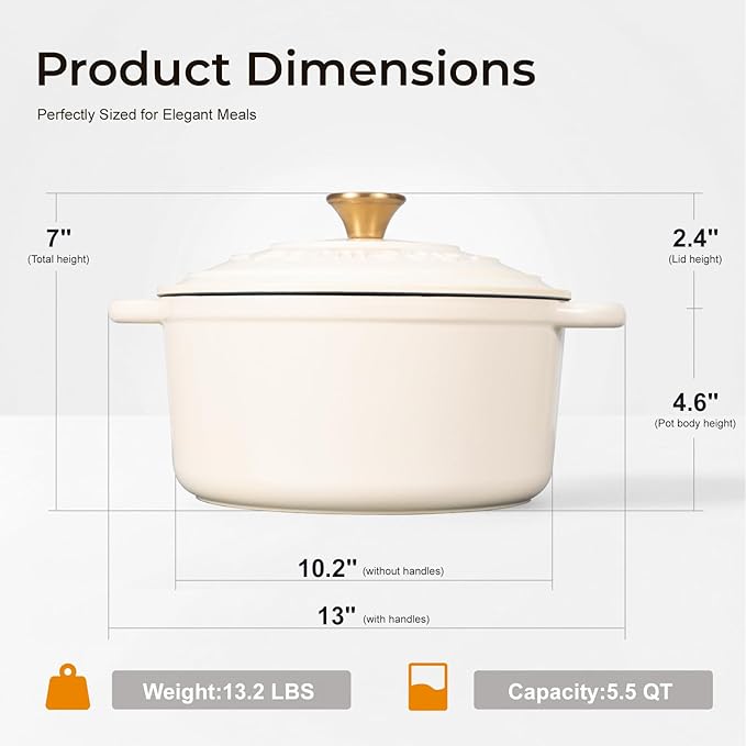 Parmedu 5.5QT Enameled Cast Iron Dutch Oven for Sourdough Bread Baking, Easy Cleaning, Versatile for Stewing, Roasting, Braised Chicken, Soup & More - Image 5