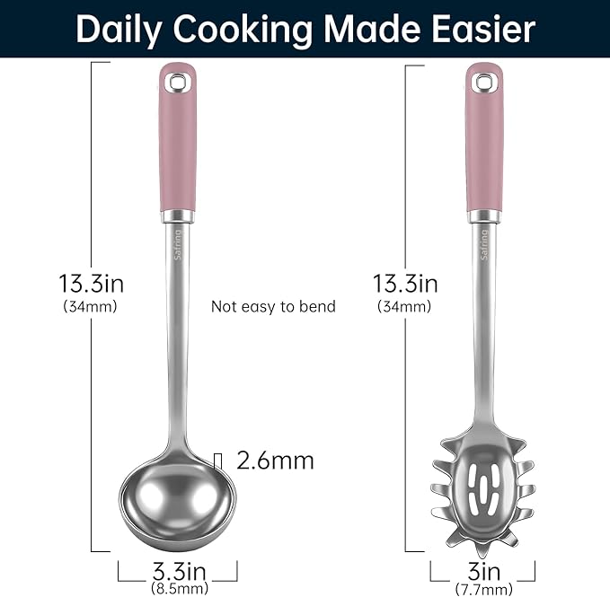 Safring Stainless Steel Soup Ladle and Spaghetti Spoon Set, Heat Resistant Rubber Handle, Dishwasher Safe, Kitchen Utensils for Cooking, Stirring, Serving Pasta, Soup & Sauce (Pink) - Image 2