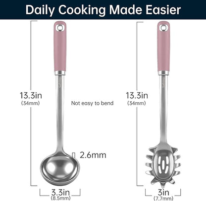 Safring Stainless Steel Soup Ladle and Spaghetti Spoon Set, Heat Resistant Rubber Handle, Dishwasher Safe, Kitchen Utensils for Cooking, Stirring, Serving Pasta, Soup & Sauce (Pink) - Image 2