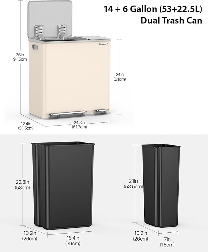 Lovewind Dual Trash Can, 14 + 6 Gallon Garbage Can for Kitchen Dual Compartment Recycling Kitchen Step Trash Bin, Stainless Steel Trash and Recycle Bin Combo with Soft-Close Lid, Apricot - Image 6