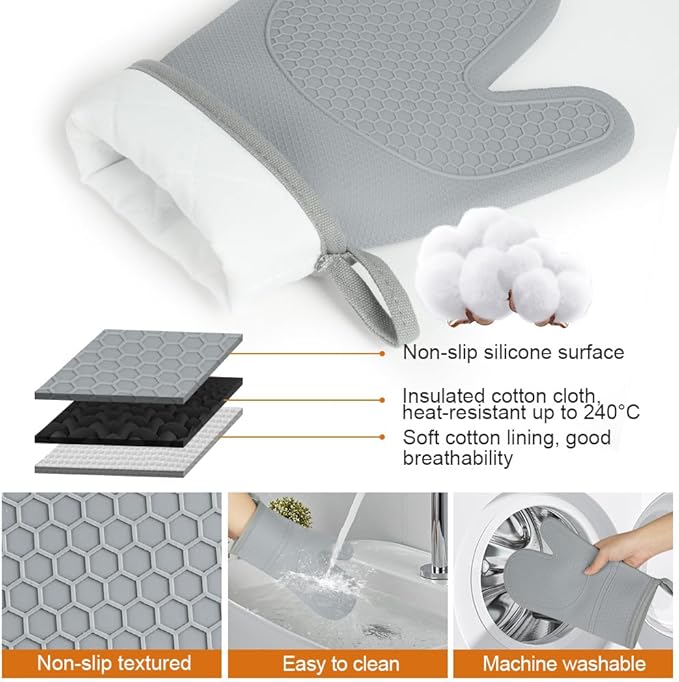 AUAUY Oven Mitts with 2 Potholders, Silicone Oven Gloves Heat Resistant 464°F, Non-Slip Silicone BBQ Gloves, Waterproof Cooking Gloves, Oven Gloves for Barbecue Kitchen Baking Microwave, Grey - Image 3
