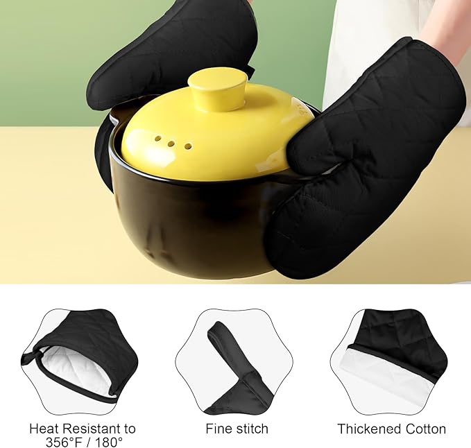 AUAUY 1 Pair Oven Mitts, Heat Resistant BBQ Gloves-Oven Mitts with Recycled Infill Cotton Non-Slip Cooking Gloves for BBQ Kitchen Baking Cooking - Black - Image 2