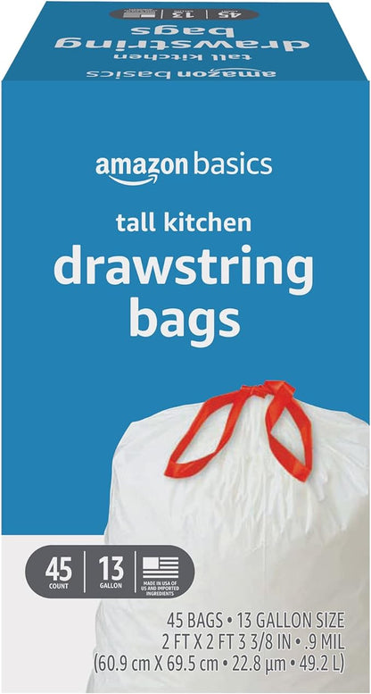 Amazon Basics Tall Kitchen Drawstring Trash Bags, 13 Gallon, Unscented, 45 Count by AmazonBasics