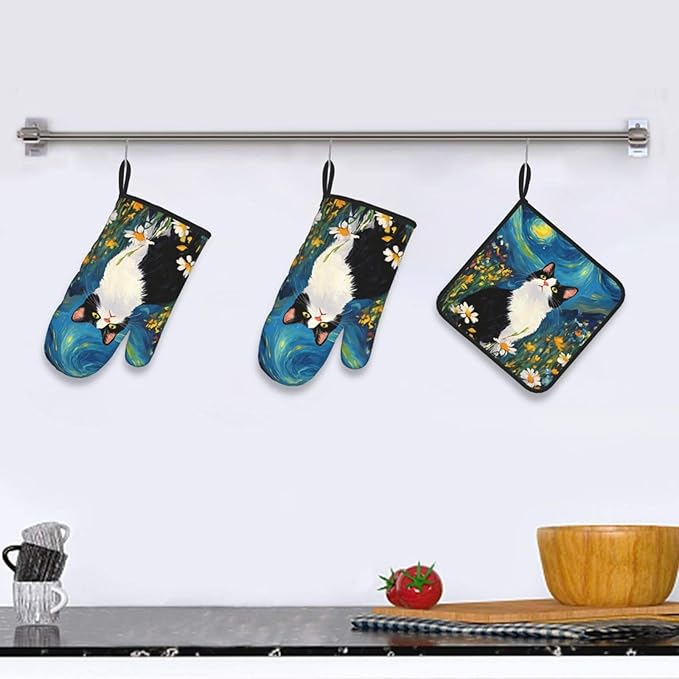 Funny Black Cat Oven Mitts and Hot Pads Set of 3, Abstract Cute Kitchen Mitts and Hot Pads for Baking Cooking Grilling BBQ, Kitchen Baking Gifts for Cat Lover Women Chef Baker