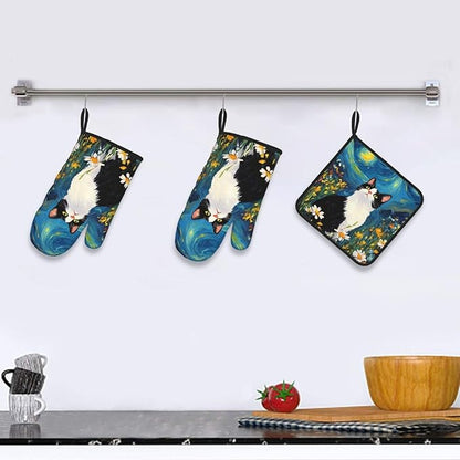 Funny Black Cat Oven Mitts and Hot Pads Set of 3, Abstract Cute Kitchen Mitts and Hot Pads for Baking Cooking Grilling BBQ, Kitchen Baking Gifts for Cat Lover Women Chef Baker