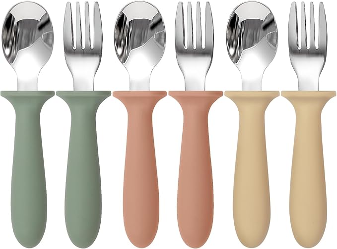 Eascrozn 6 Pack Toddler Utensils, kids Silverware with Silicone Handle, 18/8 Stainless Steel Children Safe Spoons and Forks Set Baby Feeding Essentials, Dishwasher Safe by Eascrozn