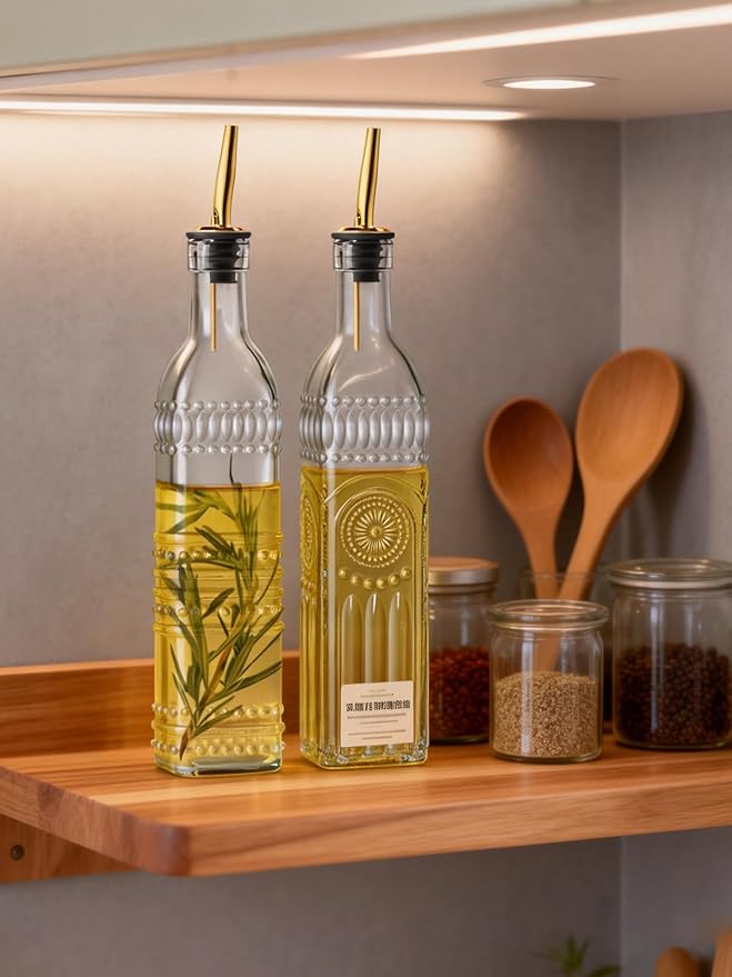 2 Pcs Olive Oil Dispenser Bottle for Kitchen,17oz Clear Glass Cooking Oil and Vinegar Dispenser Set, Coffee Syrup Dispenser with 2 Pourers and 1 Funnel (Two squares) - Image 3