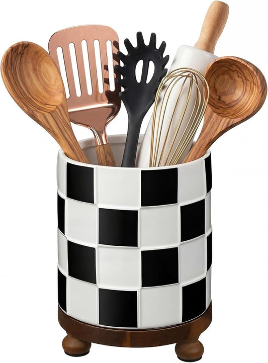 Kitchen Utensil Countertop Holder Checkered Utensil Crock with a Wooden Base 7.5 Inch Organizer Country Style Decorative for Storing Spoons Spatulas and Pot Spatulas