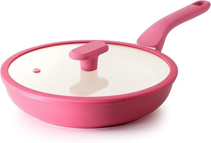 PRICUSIS Nonstick Ceramic Frying Pan with Lid, 8/10 Inch Skillet with Stay Cool Handle, Fully Coated, Induction Compatible, 100% Dishwasher Safe, PTFE PFAS and PFOA Free（10 Inch, Raspberry Red） by PRICUSIS