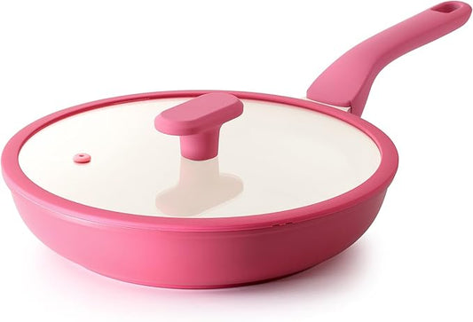 PRICUSIS Nonstick Ceramic Frying Pan with Lid, 8/10 Inch Skillet with Stay Cool Handle, Fully Coated, Induction Compatible, 100% Dishwasher Safe, PTFE PFAS and PFOA Free（10 Inch, Raspberry Red） by PRICUSIS
