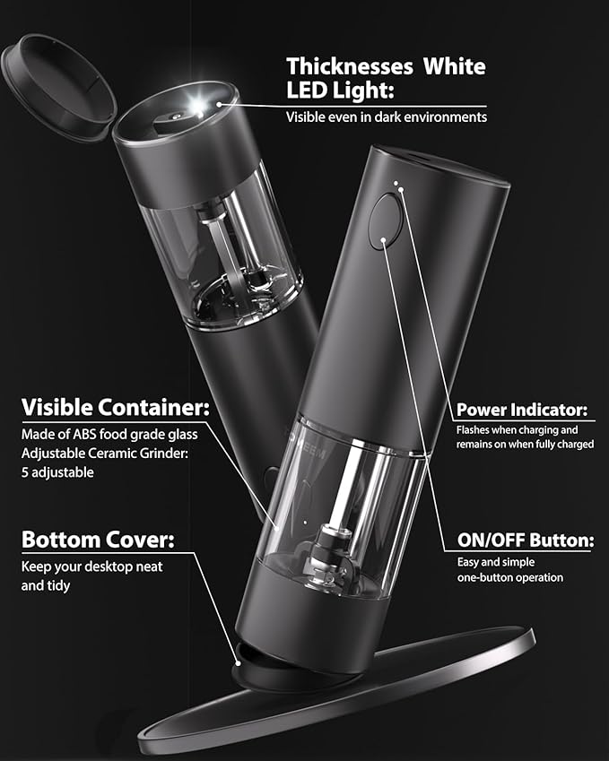 TOMEEM Upgraded Larger Capacity Electric Salt and Pepper Grinder Set Rechargeable with LED lights, Stainless Steel Automatic Pepper and Salt Grinder Refillable with 5 Adjustable Coarseness Black - Image 7