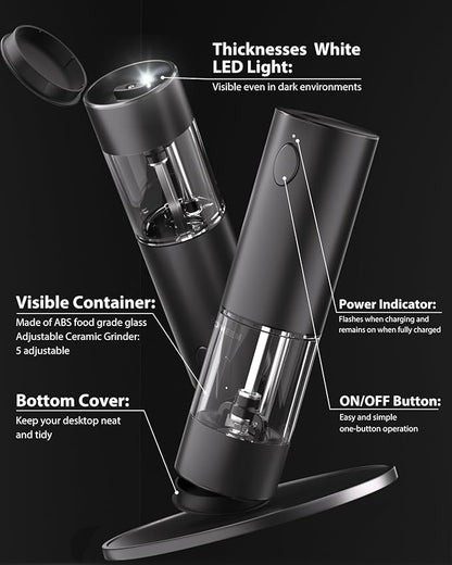 TOMEEM Upgraded Larger Capacity Electric Salt and Pepper Grinder Set Rechargeable with LED lights, Stainless Steel Automatic Pepper and Salt Grinder Refillable with 5 Adjustable Coarseness Black - Image 7