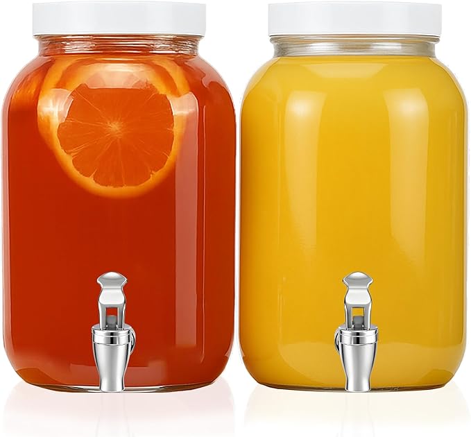 1 Gallon Large Glass Drink Dispensers for Parties, Glass Iced Beverage Dispensers with Spigot, Reusable Water Dispenser Countertop (2 Pack)