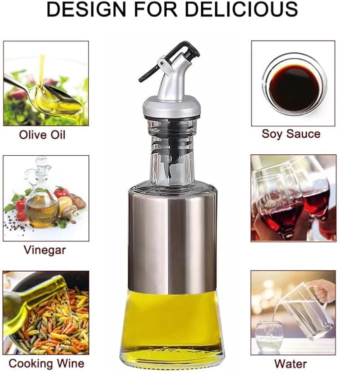 Mincham Olive Oil Dispenser - 7oz (200ml) Glass & Stainless Steel Oil & Vinegar Cruet with No-drip Spout & Pouring Funnel - Image 2