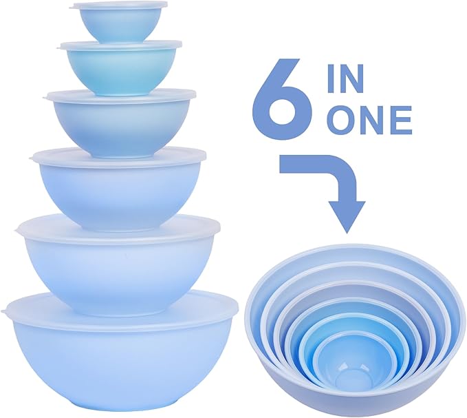 BoxedHome BPA Free Plastic Round Mixing Bowl with Lids, 12 Pack Nesting Bowls with Lids Set, Microwave and Dishwasher Safe Prep & Serving Bowls Great for Mixing, Baking, Serving (Pale Blue, 12pcs) - Image 3