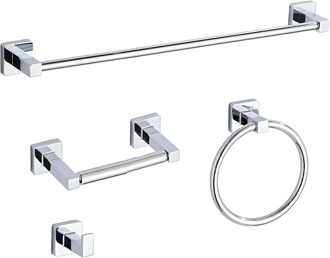 Chrome Bathroom Hardware Set 4 Pieces,Bathroom Accessories Set Stainless Steel Wall Mounted, Hand Towel Bar, Towel Ring, Robe Towel Hooks,Toilet Paper Holder,Towel Bar Set, 23.6 Inch by bluebyrne