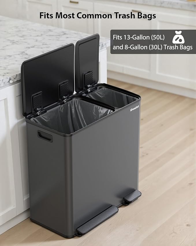 Lovewind Dual Trash Can, 14 + 6 Gallon Garbage Can for Kitchen Dual Compartment Recycling Kitchen Step Trash Bin, Stainless Steel Trash and Recycle Bin Combo with Soft-Close Lid, Grey - Image 7