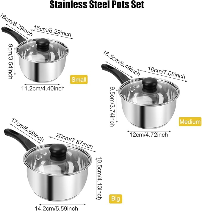 3pcs Stainless Steel Saucepan Set, Kitchen 1QT & 2QT & 3QT Pot Set with Lid Triply Base Sauce Pot for Cooking Stainless Steel Cookware Set - Image 2