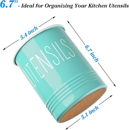 Bivvclaz Teal Kitchen Utensil Holder, 6.7" Utensil Holder for Kitchen Counter, Cooking Utensil Crock with Cork Bottom, Turquoise Decor and Accessories, Countertop Utensil Storage Caddy Organizer - Image 2