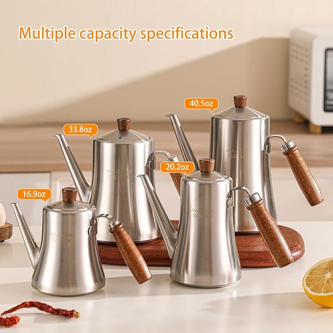 18/8 Stainless Steel Olive Oil Dispenser 600ml/20.2oz Drip-Free Pouring Oil Pot Storage Container Wooden Handle