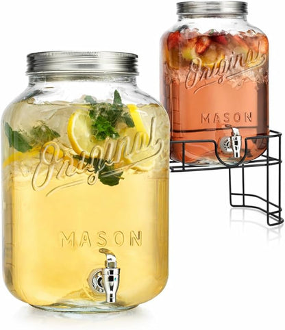 MosJos 2 GALLON Glass Drink Dispensers for Parties, 2 Pack Mason Jar Beverage Dispensers with Metal Stand, Glass Water Dispenser with Spigot, Laundry Detergent Dispenser by MosJos