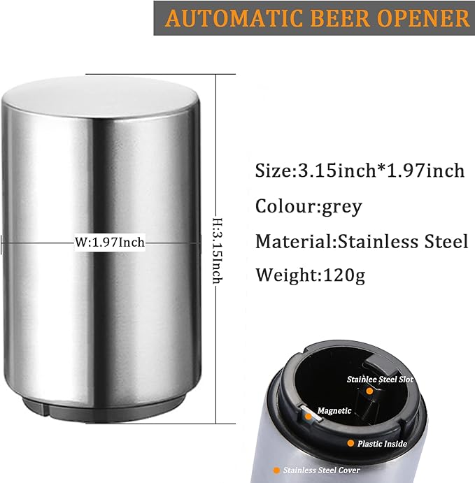 Premium Automatic Beer Bottle Opener (Stainless Steel), No Damage to Caps, Portable Push Down and Pop Off Magnetic Cap Catcher, QUICK Fun Bartender Openning Tool for Corkscrew Lid Home Bars Kitchen - Image 2