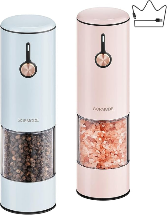 Electric Pepper Grinder and Salt Mill Set - Large Capacity USB Rechargeable Automatic Grinder with Dual LED Lights, One-Handed Operation & Slide Cover - Brushed Stainless Steel by GORMODEOfficial