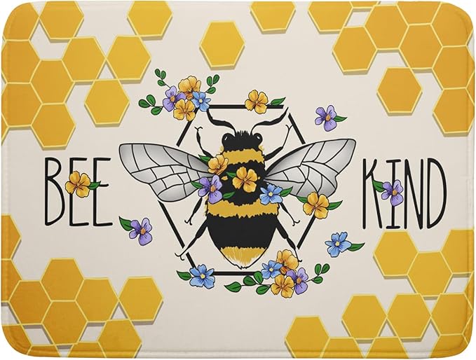 Giwawa Bee Kind Dish Drying Mat, Summer Bees Flowers Dish Drainer Mats for Kitchen Countertop, Yellow Honeycomb Absorbent Reversible Dish Drying Pad Decoration, 18x24inches, Large Size