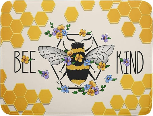 Giwawa Bee Kind Dish Drying Mat, Summer Bees Flowers Dish Drainer Mats for Kitchen Countertop, Yellow Honeycomb Absorbent Reversible Dish Drying Pad Decoration, 18x24inches, Large Size