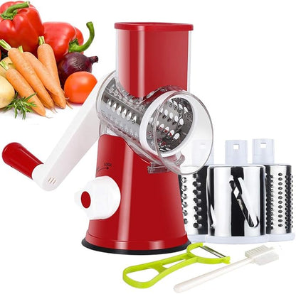 Ourokhome Rotary Cheese Grater Hand Crank, Kitchen Shredder Speed Mandolin Slicer Nut Grinder with Handle and Drum Blades for Cheese, Vegetable, Walnut, Chocolate, Potato, Carrot, 3 Blades, Red by Ourokhome